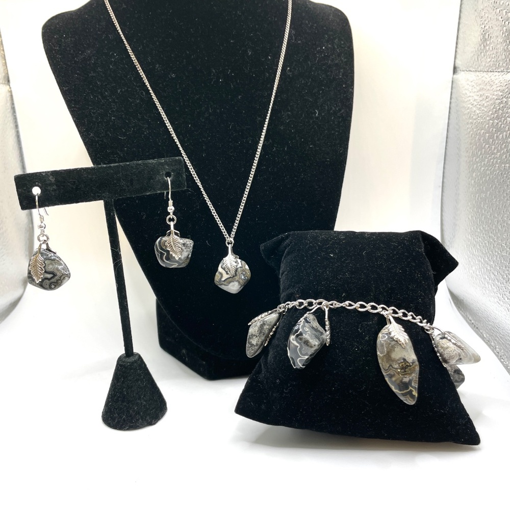 Vintage Agate Nugget Sterling Stone Necklace Bracelet Pierced Earrings Set